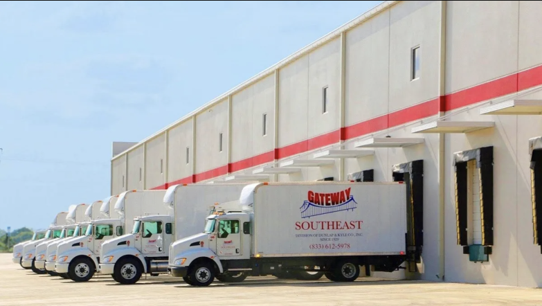 trucks in front of building