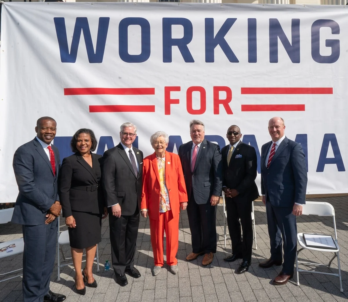 The first-ever board of the Alabama Growth Alliance is expected to include Gov. Kay Ivey (center), House Speaker Nathaniel Ledbetter (third from right), Senate President Pro-Tem Greg Reed (third from left), House Minority Leader Anthony Daniels (first from left) and Senate Minority Leader Bobby Singleton (second from right). (Hal Yeager / Governor's Office)